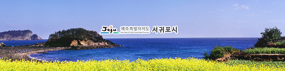 (Jeju 제주특별자치도 Jeju Special Self-Governing Province  서귀포시) 로고가 표기가 되어 있으며,  배경으로 제주 서귀포시에 위치한 바다 전경사진으로 노란빛 유채꽃이 넓게 퍼져있고 뒤로 푸른빛 바다가 잔잔하게 흐르는 모습