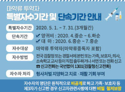 마약류 투약자 특별자수기간 및 단속기간 안내 -특별자수기간 :  2020. 5. 1. ~ 7. 31.(3개월간), - 단속기간, 양귀비 : 2020. 4.중순 ~ 6.하순, 대  마 : 2020. 6.중순 ~ 7.중순,  -자수대상 :  마약류 투약자(마약류중독자 포함),  -자수방법 :   전국 검찰청 또는 경찰서에 본인 또는 가족, 보호자, 의사, 소속학교 교사 등이 직접 출두하거나 서면 또는 전화 신고    ☎ 신고전화는 국번없이 1301(검찰청신고전화),       -자수자 처리 :  형사처벌 지양하고 치료 ․ 재활 기회 부여      -자수자의 명단은 원칙적으로 비공개로 하고 가족․보호자 등 제3자가 신고한 경우 신고자관련사항에 대한 비밀 철저보장