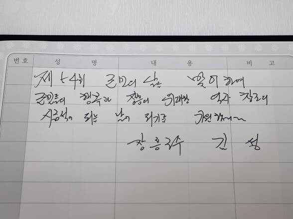 제 54회 군민의날을 맞이하여 군민들의 행복과 장흥의 위대한 역사 창조의 시금석이 되는 날이 되기를 기원합인다 장흥군수 김성 이라고 적힌 글귀(크게보기)